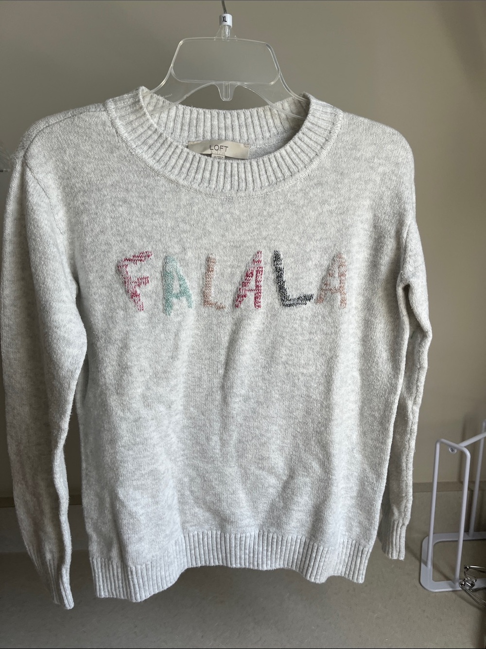 LOFT Cream Crewneck Sweater with Multicolor 'FA LA LA' Embroidery
